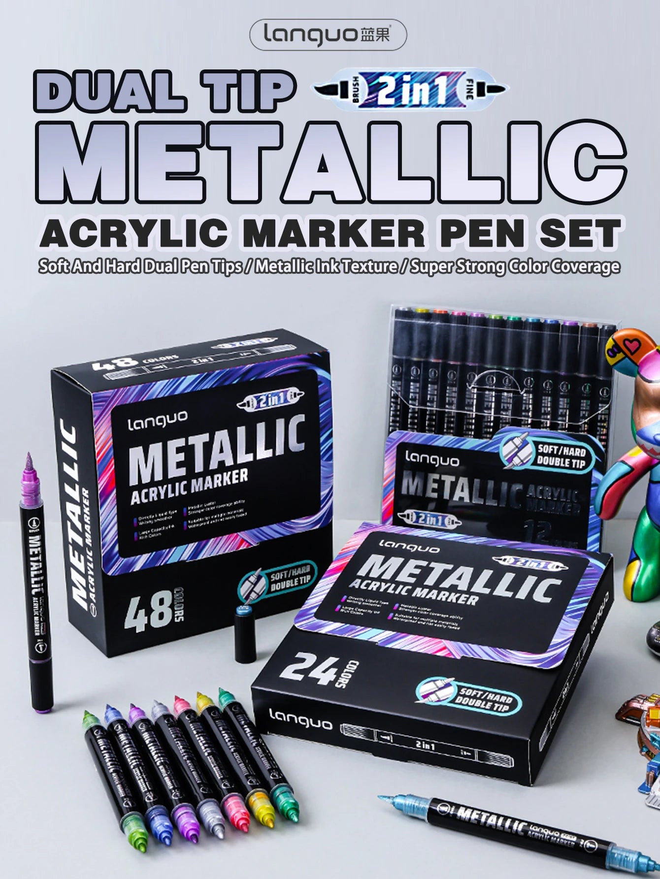 Languo 12/24/48 Colors Dual Tip Metallic Acrylic Marker Pen Set Student DIY Graffiti Hand Drawn Paint Pens Stationery M750