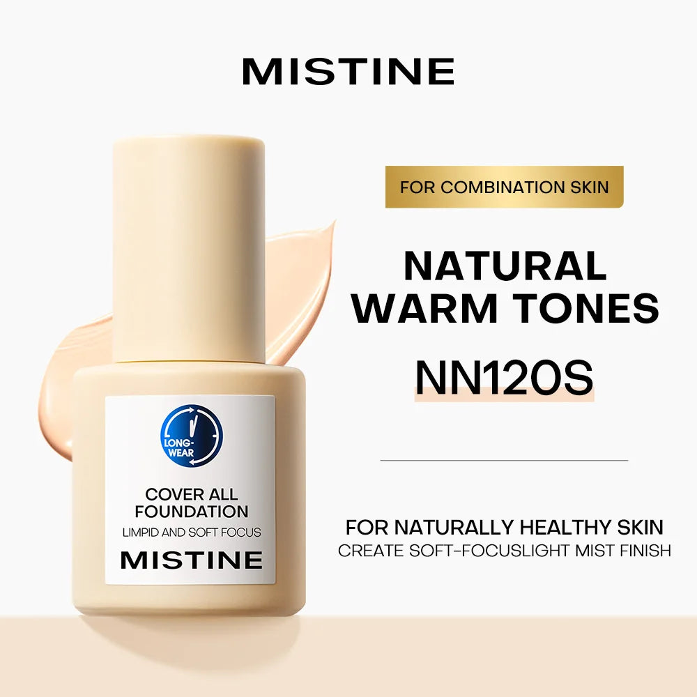 Mistine Foundation Full Coverage Makeup for 36H Longwear Waterproof Lightweight Liquid Foundation for Combination Skin