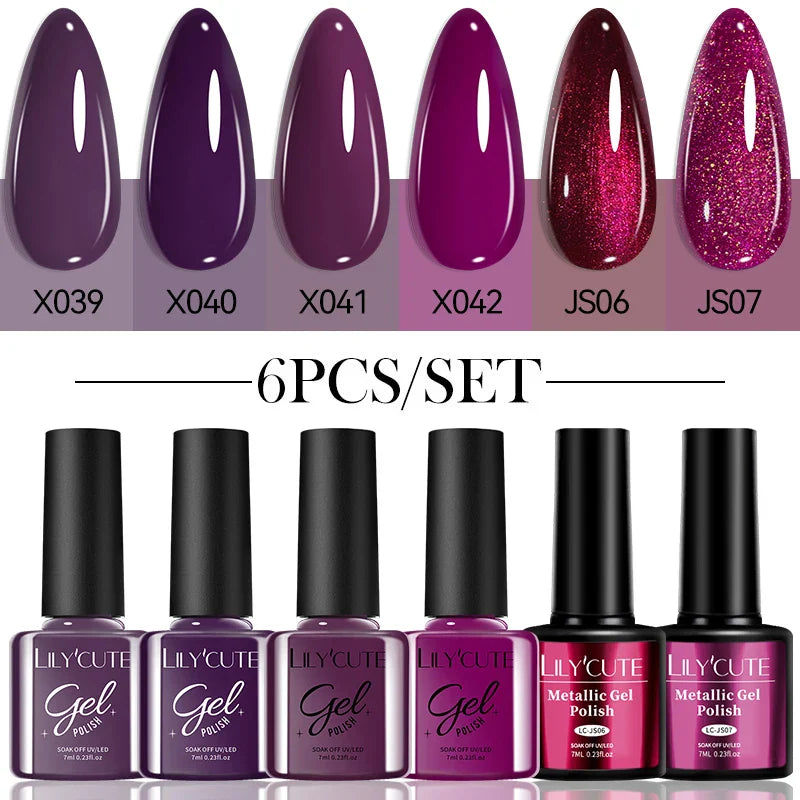 LILYCUE 6Pcs/Set Red Nude Glitter Gel Nail Polish Gorgeous Full Coverage Soak Off UV Gel Nail Art Base Top Coat Gel Polish Kits