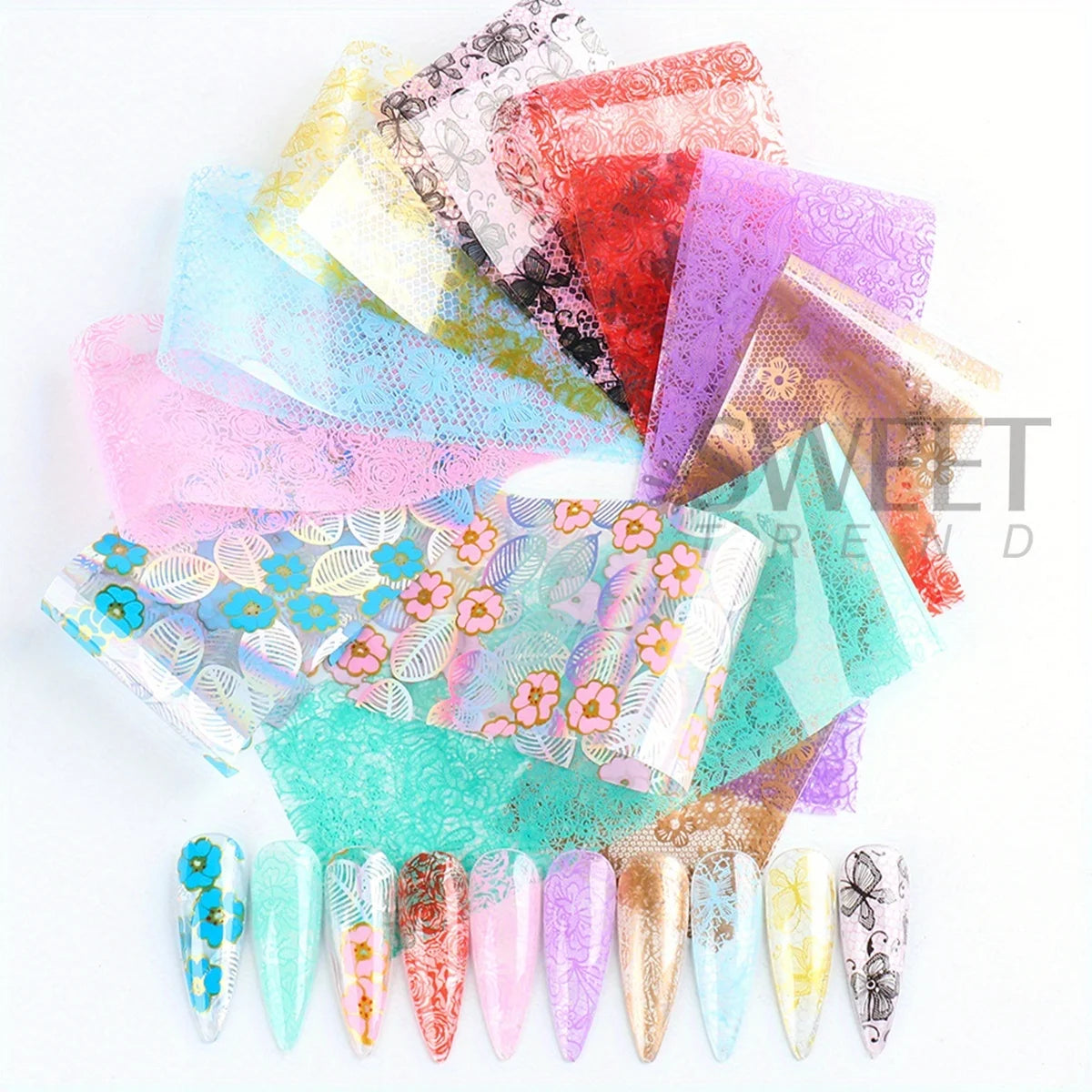 2 Pack Lace Flower Transfer Nail Art Foils Holographic Silvery Rose Geometry Leaf Image Simple Butterfly Decor Full Wraps Foils