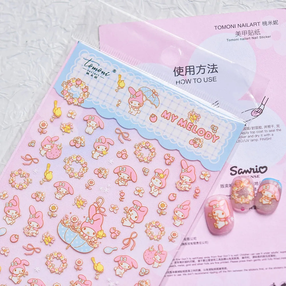 1PCS New Color Laser Hello Kitty Cartoon 5D Nail Stickers Sanrio Cinnamoroll Pochacco Nail Art Supplies DIY Nail Art Stickers