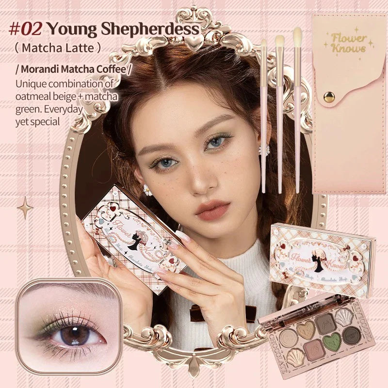 Flower Knows Chocolate Shop Highly Pigmented Eyeshadow Palette Shimmer Matte Glitter Long Lasting Vegan Eye Shadows Cruelty-free