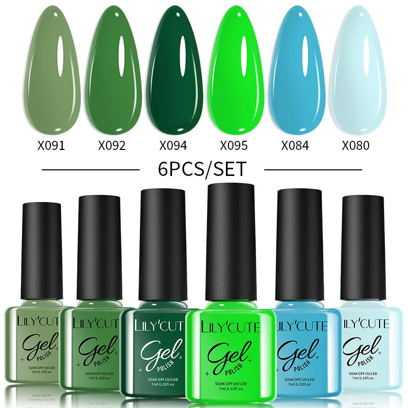 LILYCUE 6Pcs/Set Red Nude Glitter Gel Nail Polish Gorgeous Full Coverage Soak Off UV Gel Nail Art Base Top Coat Gel Polish Kits