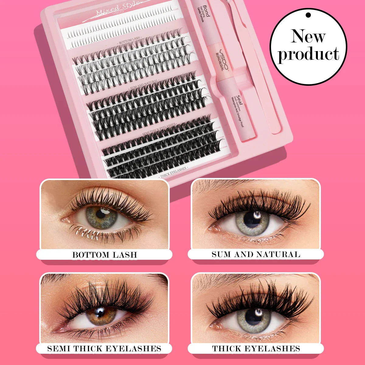 Lash Clusters Set DIY Lashes Extension Kit Individual Eyelash Kit 5-16mm Lash Clusters with Bond and Seal and Lash Applicator