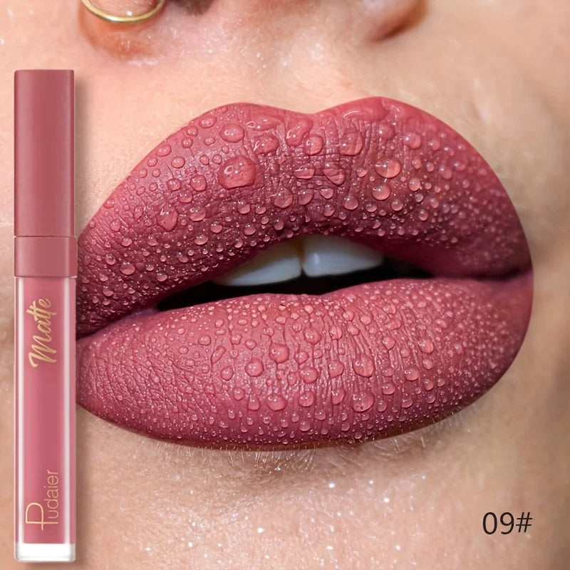 Pudaier Velvet Lip Glaze Matte Finish Deep Brown with Golden Accents Long-Lasting Waterproof Smudgeproof Lightweight Lip Stain