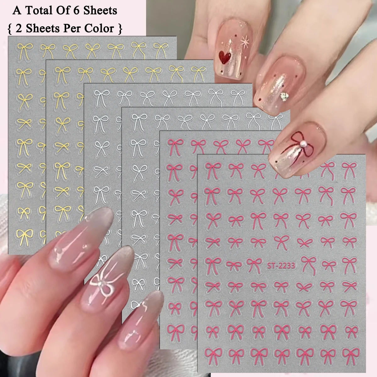2 to 30 Sheets 3D Bow Nail Art Stickers, Mini Ribbon Outline Decals, Transparent Self-Adhesive Cute Design for DIY Manicure