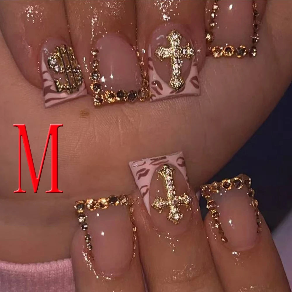 10PCS Diamond French Pointed Nail Short Square Nail Nude Fake Nail With Gold Glitter Diamond Nail Leopard Print Fake Nail
