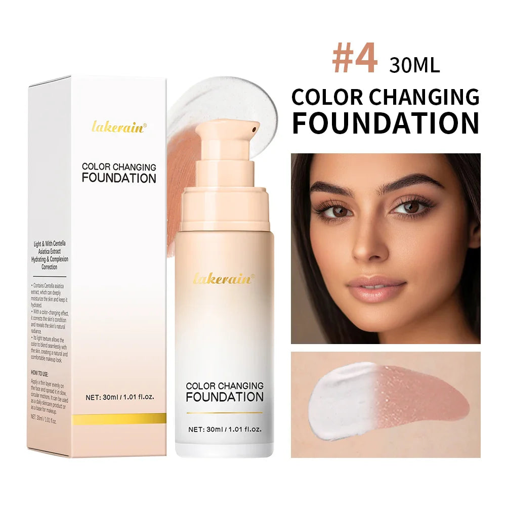 Color Changing Foundation 4 in 1 Moisturizing SPF 30+ Hydrating Color Longwearing Waterproof Travel Coverage Makeup Base