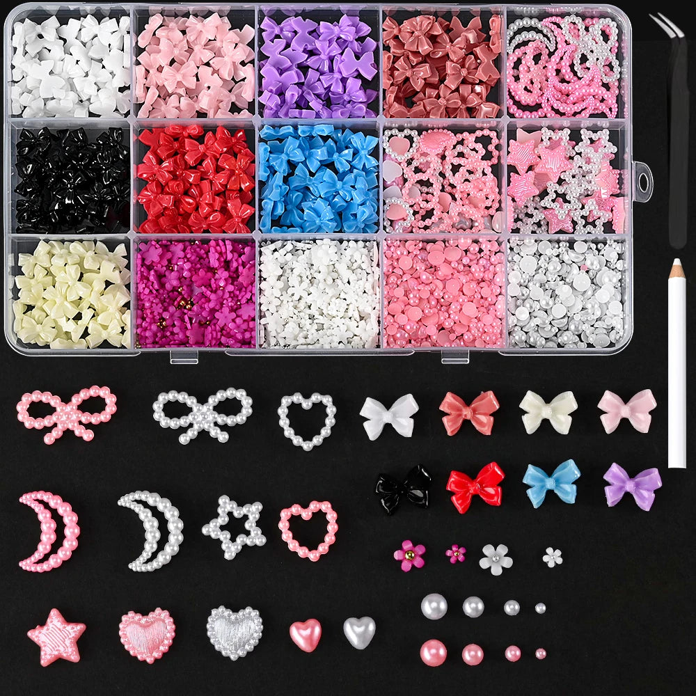 1 Box Pink White Series Bow Heart Nail Charms 3D Arcylic Nail Art Decorations Pearl 5-petal Flower Jewelry Manicure Accessories*