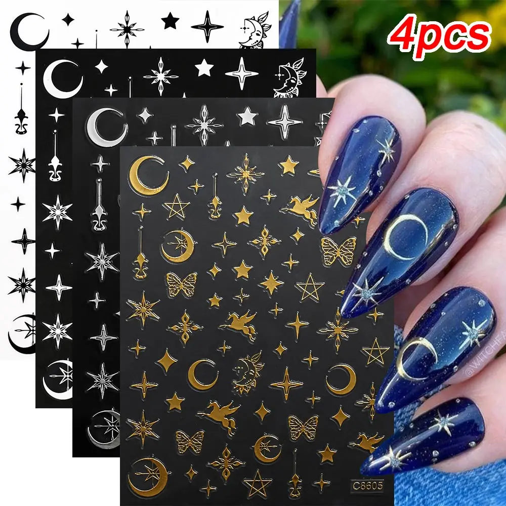 3D Gold/ Silver Star/Sun/Moon Bronzing Nail Art Sticker Laser Star Moon Styles Nail Decal Gold Silver Self-Adhesive Slider 1Pcs