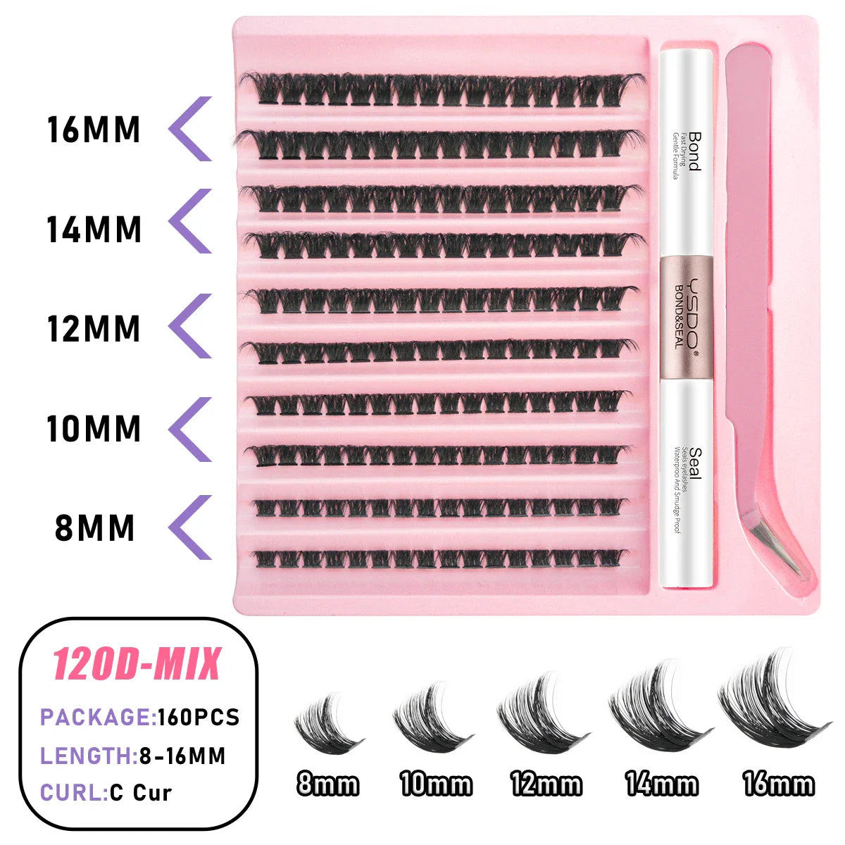 Lash Clusters Set DIY Lashes Extension Kit Individual Eyelash Kit 5-16mm Lash Clusters with Bond and Seal and Lash Applicator