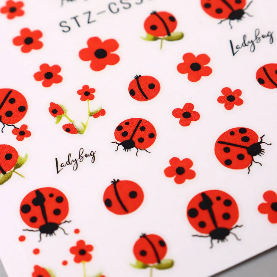 2pcs 3D Cartoon Ladybug Nail Stickers Cute Insect Red Petals Self-Adhesive Manicure Decal Lovely Flower Charms Foils Decor Nails